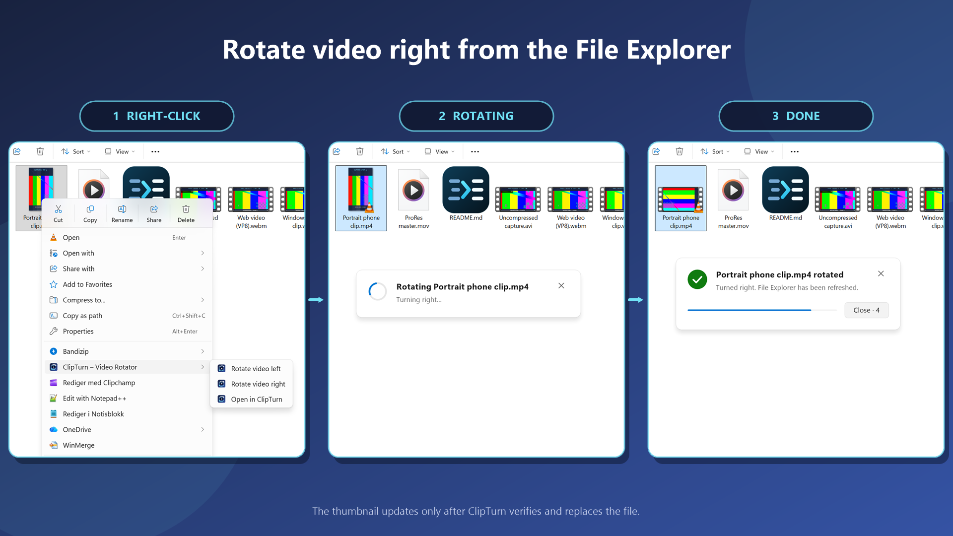 Three steps in File Explorer: right-click a video, ClipTurn rotates it, and the verified result appears