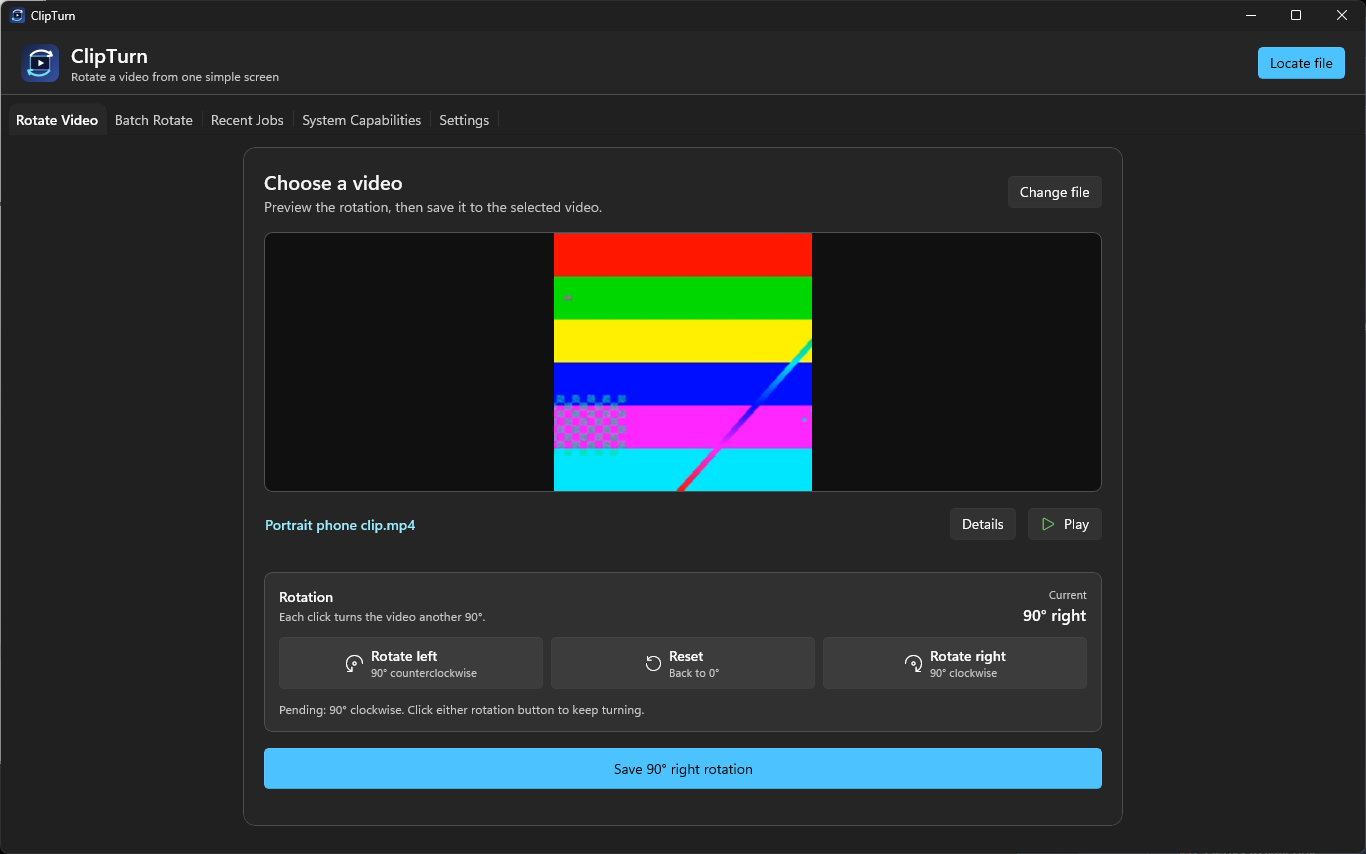 ClipTurn showing a video preview with rotate left, reset, and rotate right controls