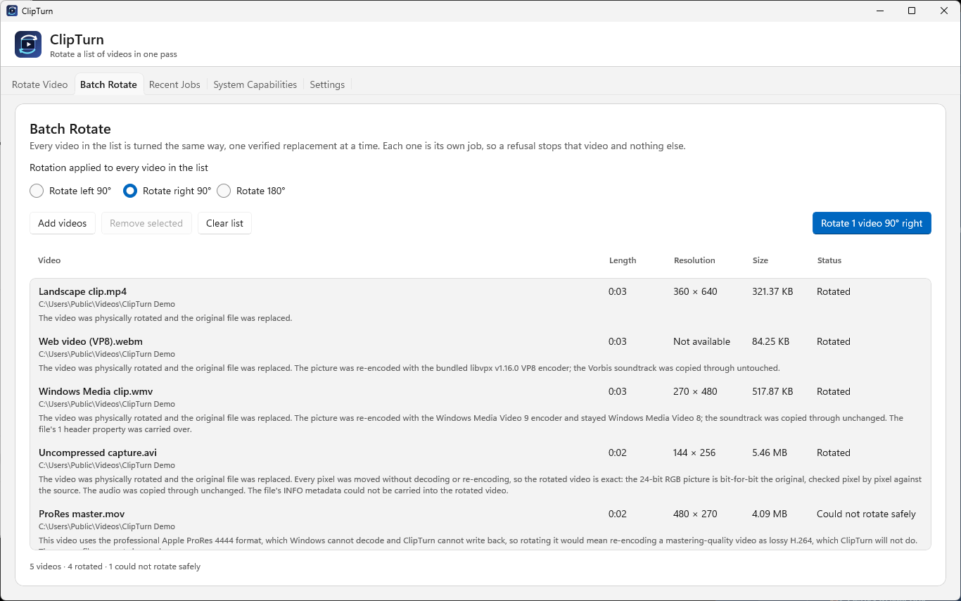 ClipTurn Batch Rotate page with several videos queued