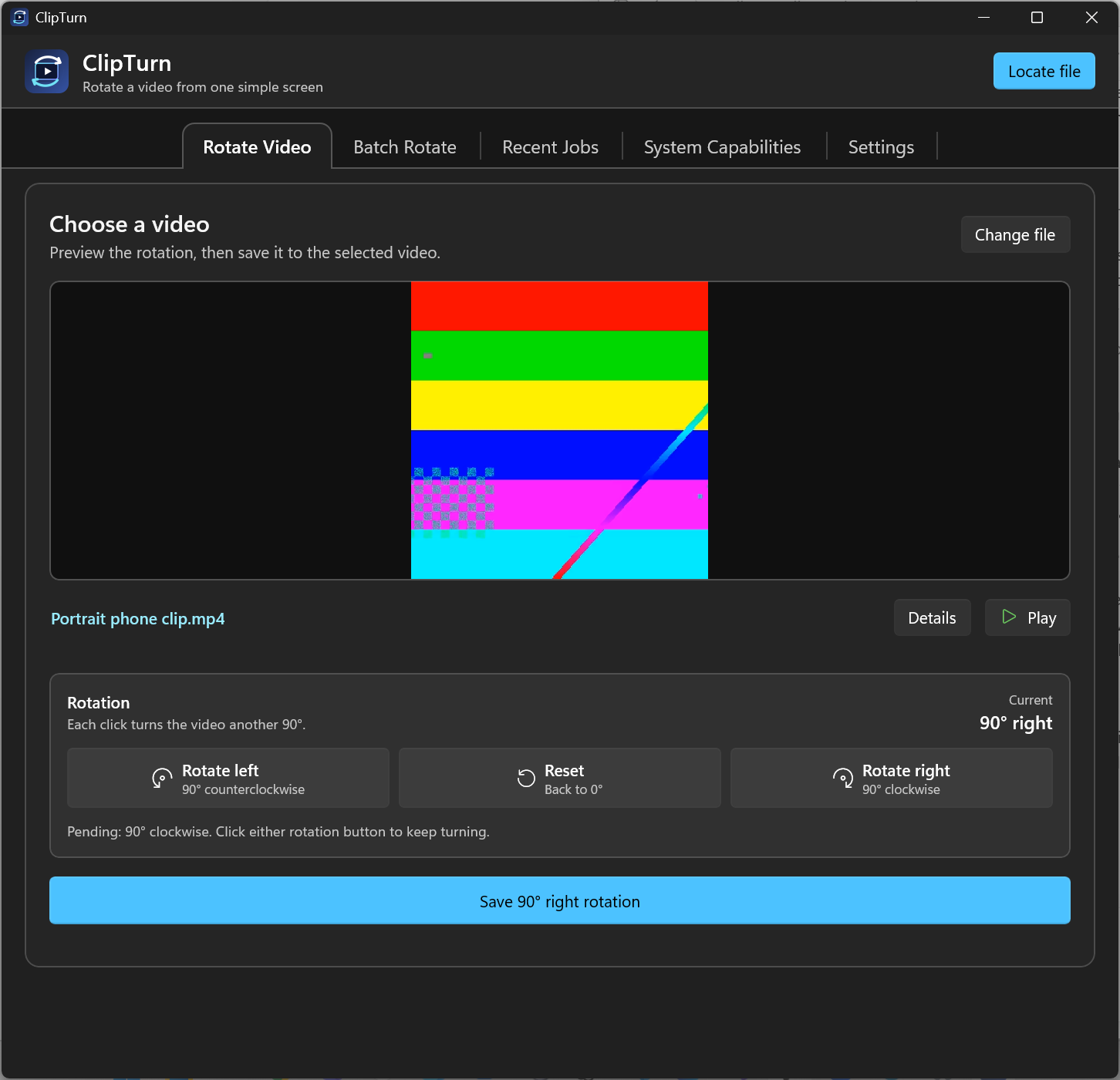 ClipTurn showing a video preview with rotate left, reset, and rotate right controls