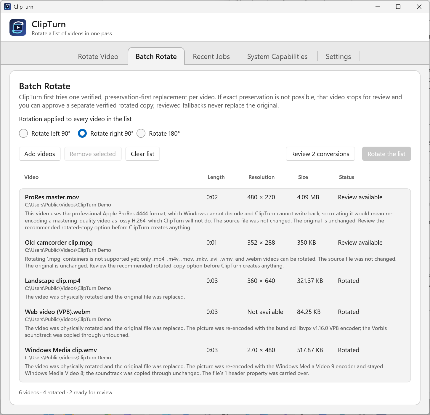 ClipTurn Batch Rotate showing four verified rotations and two videos waiting for conversion review