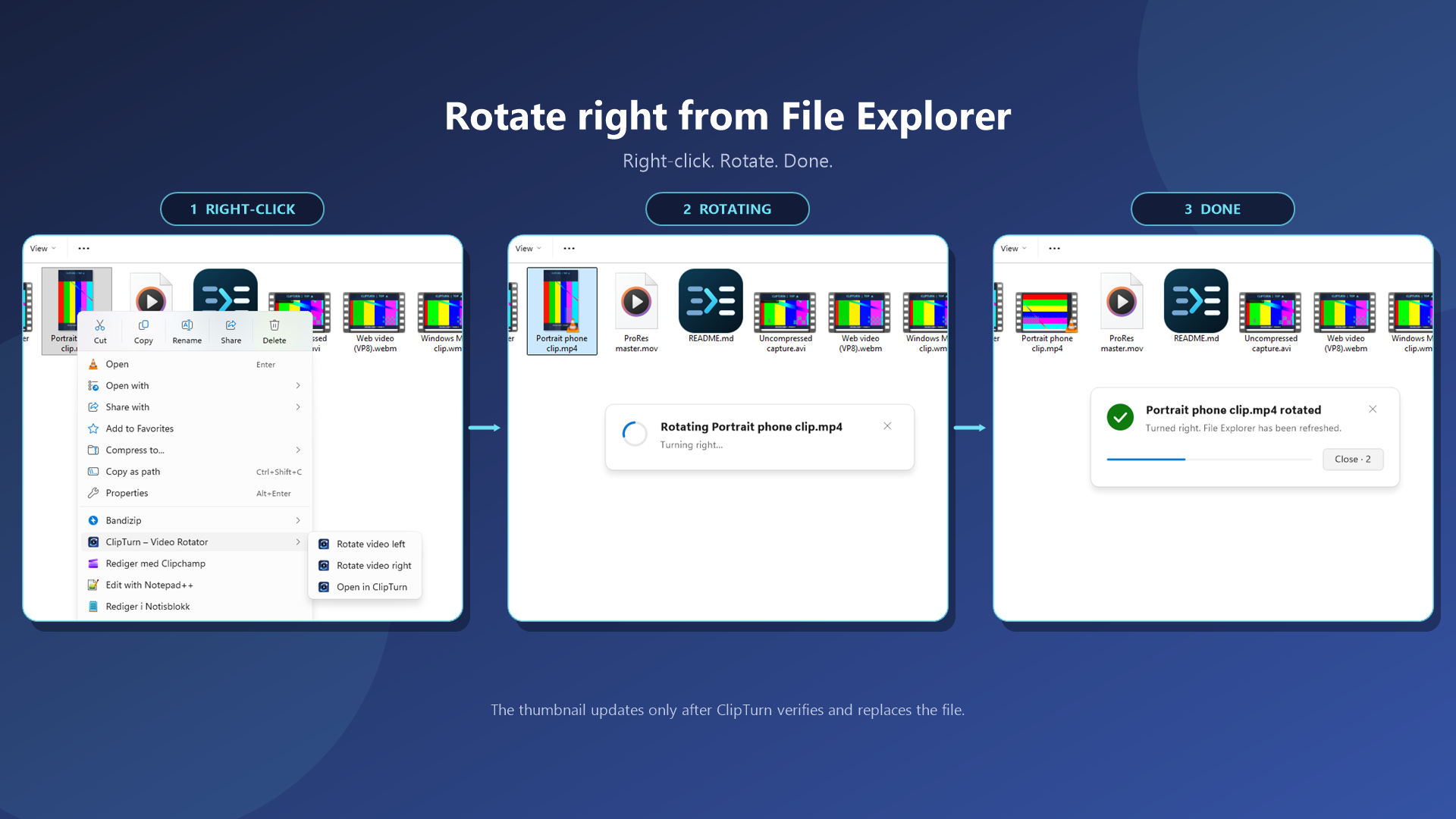 Three steps in File Explorer: right-click a video, ClipTurn rotates it, and the verified result appears