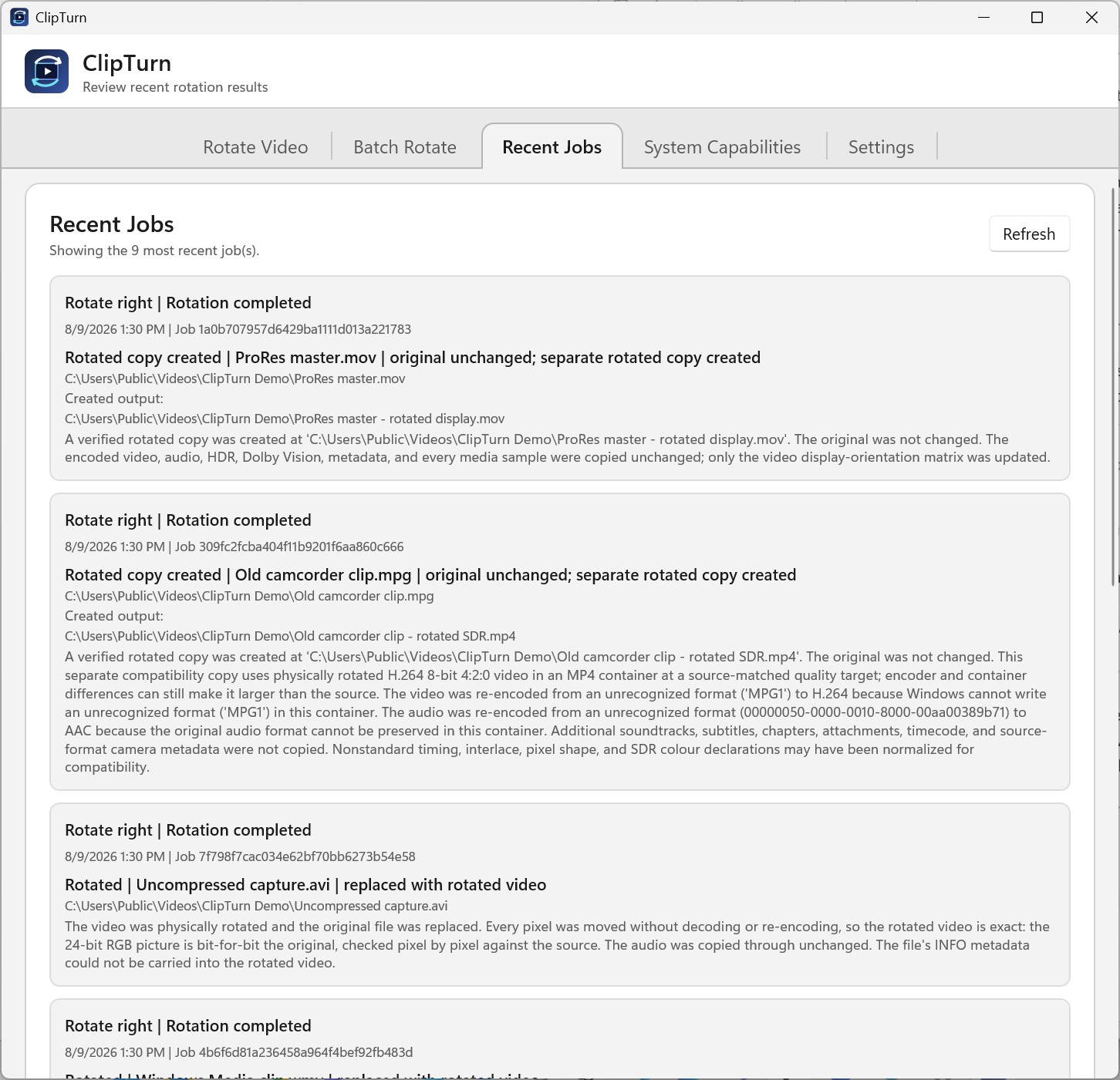 ClipTurn Recent Jobs screen with verified rotations and reviewed copies