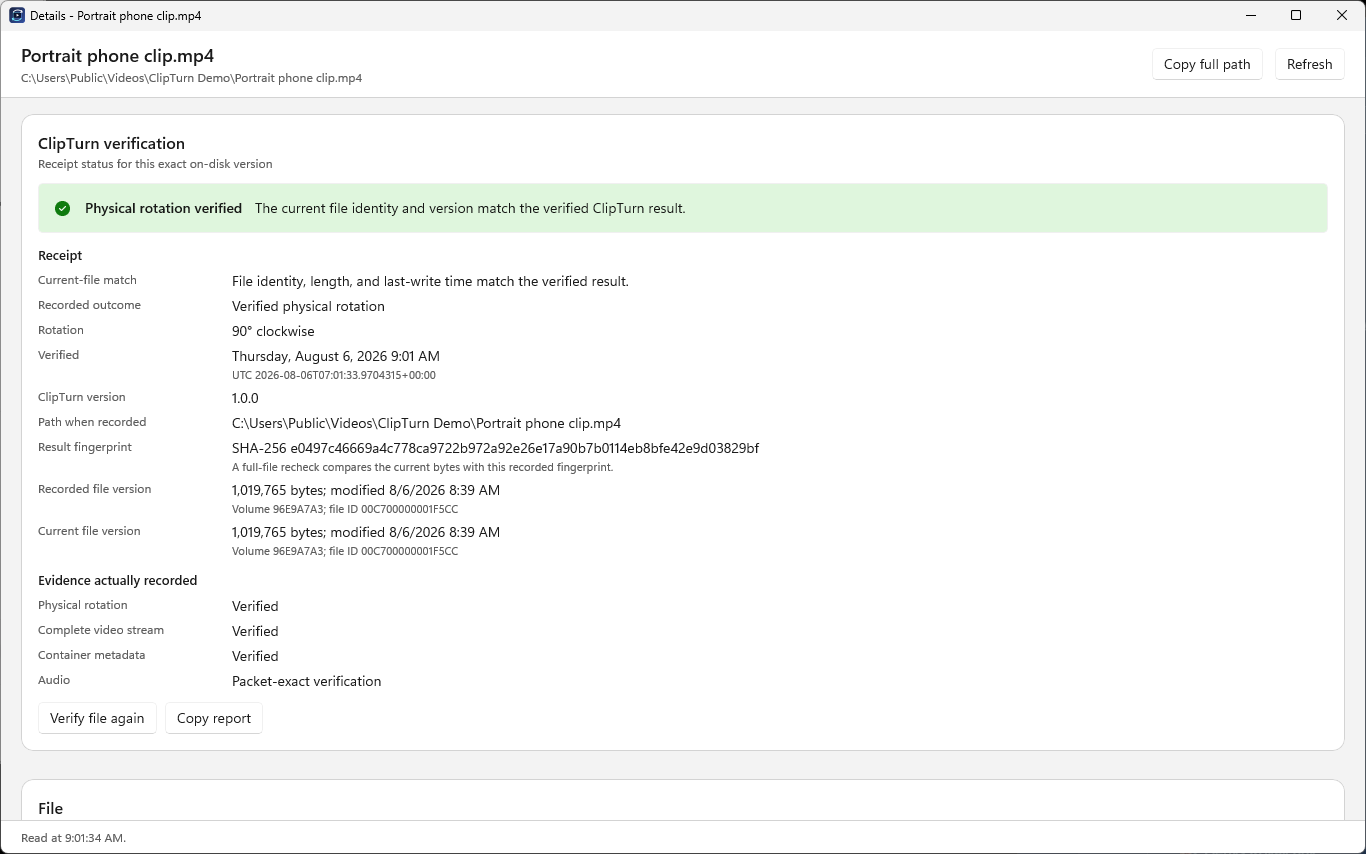 ClipTurn file details showing verified rotation, metadata, and audio checks