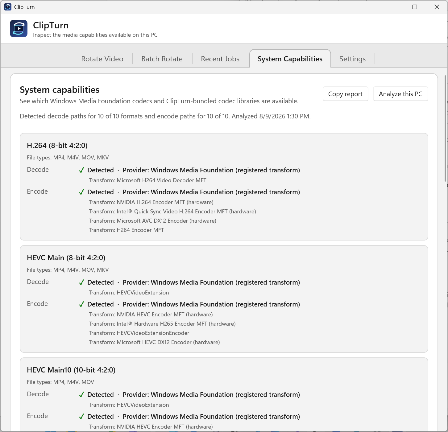 ClipTurn System Capabilities screen showing video decode and encode support