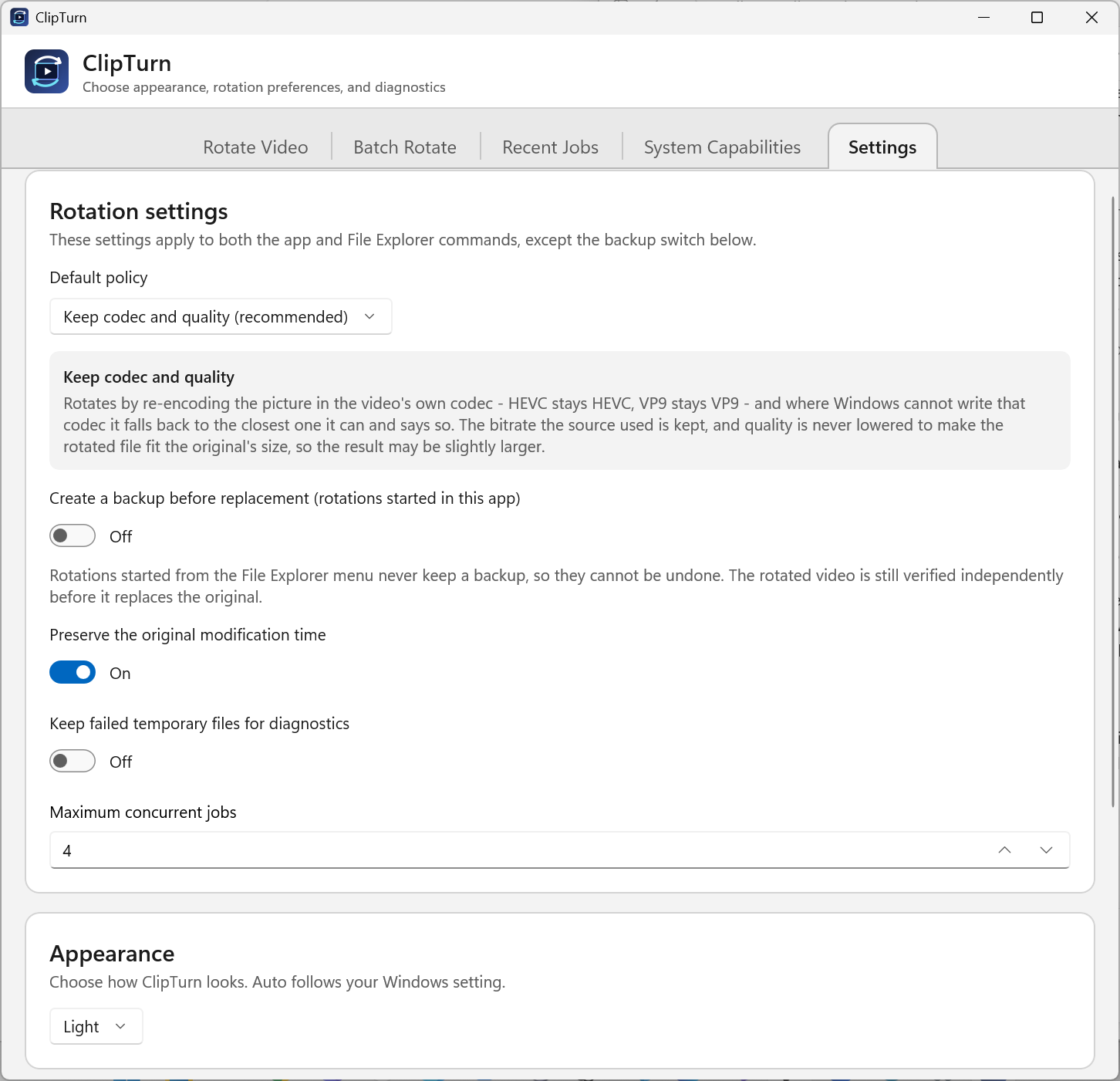 ClipTurn Settings screen