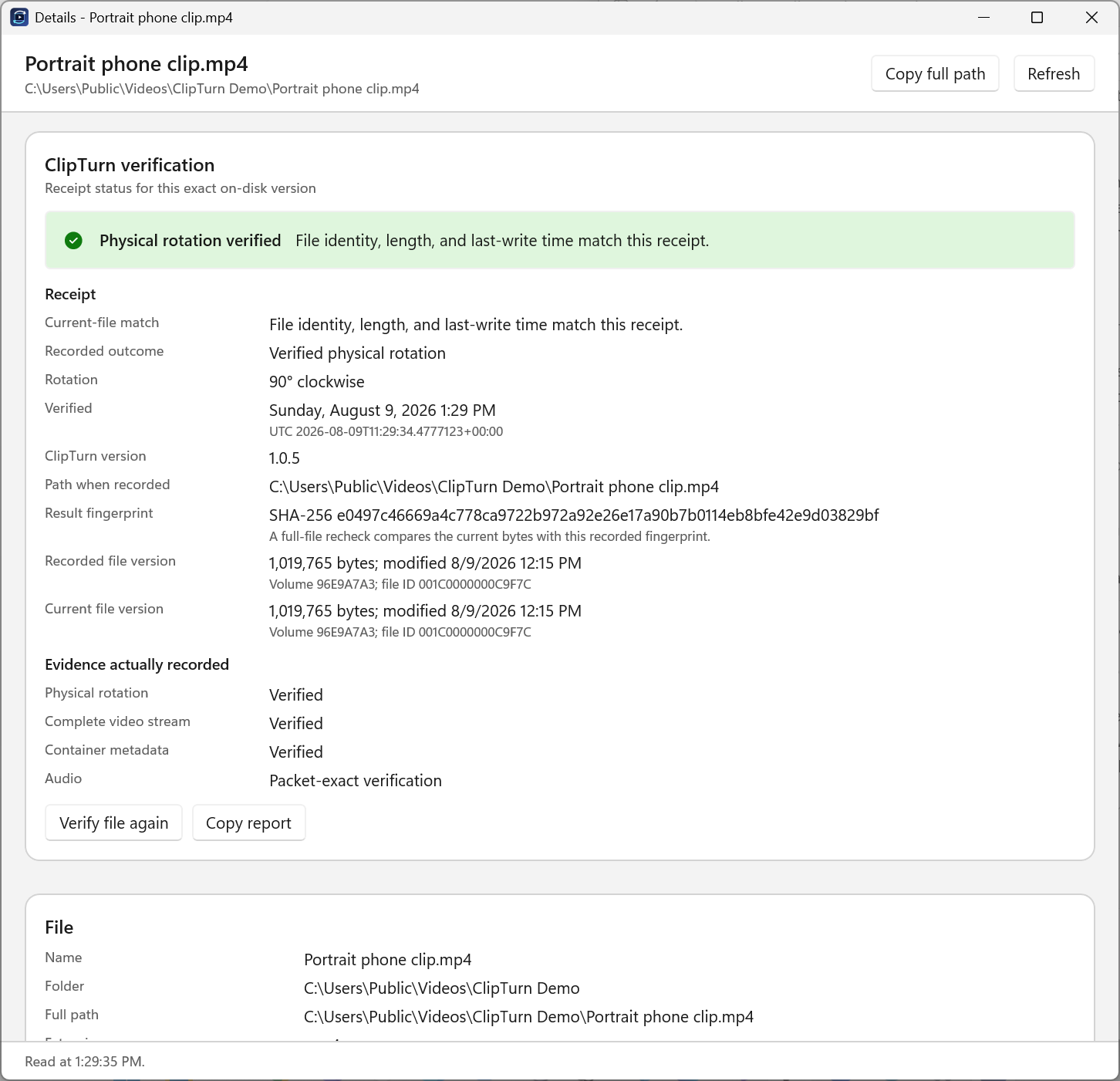 ClipTurn file details showing verified rotation, metadata, and audio checks