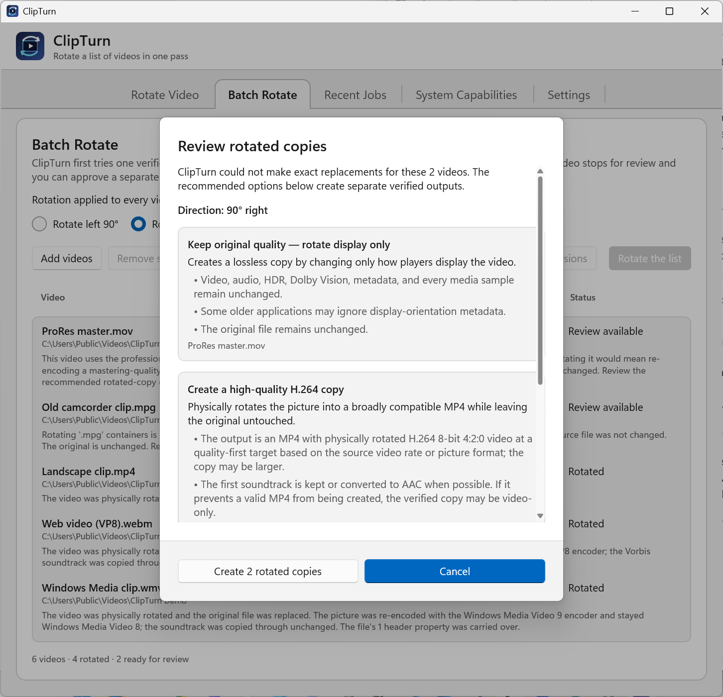 ClipTurn Review rotated copies dialog showing a lossless display option and a high-quality H.264 copy option