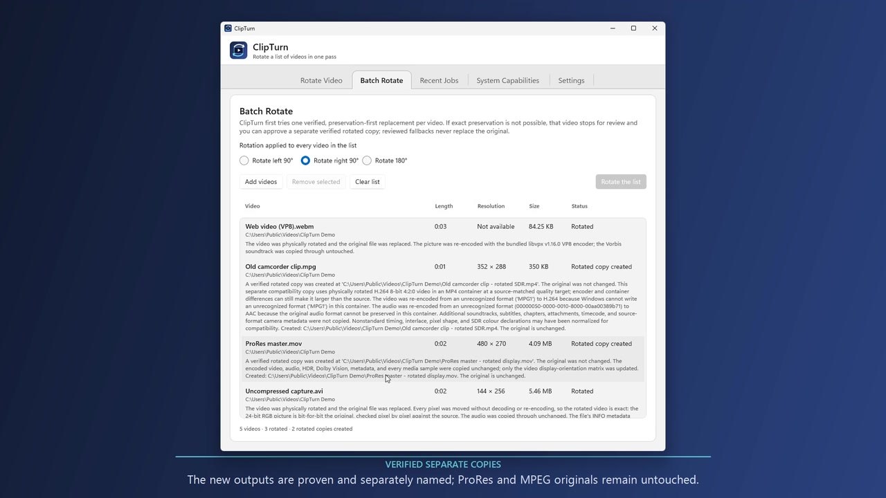 ClipTurn Batch Rotate handling five mixed videos, with three verified rotations and two verified separate copies